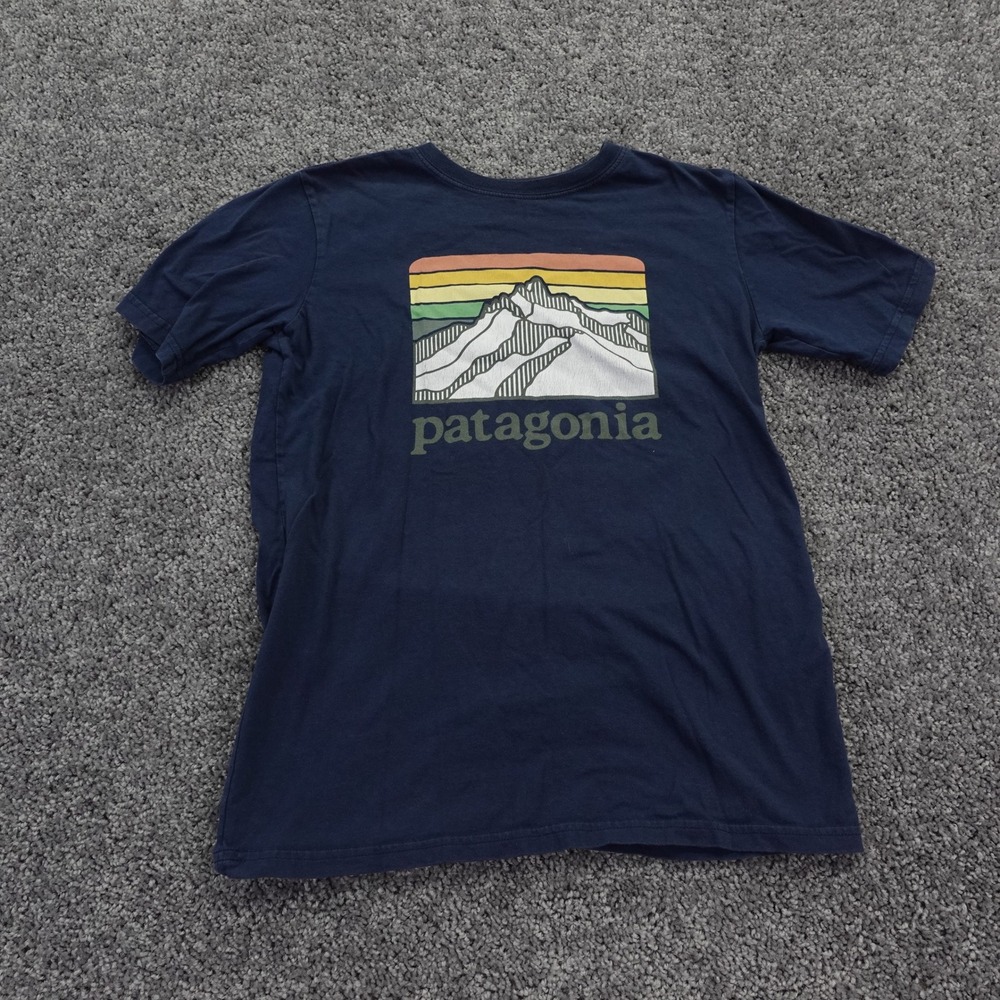 Patagonia T Shirt Boys Medium 10 Blue Fitz Roy Mountain Sunset Graphic Tee